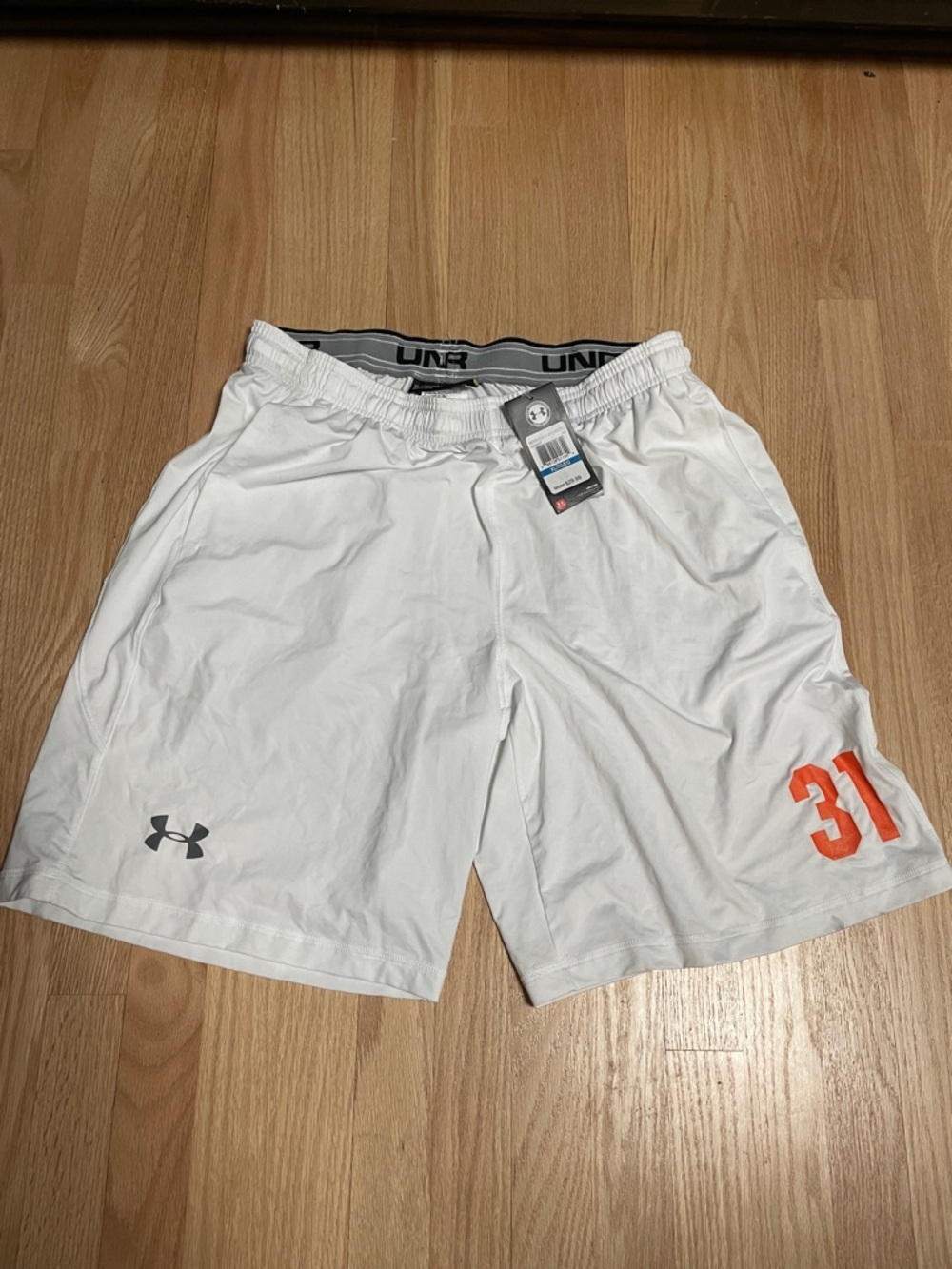 NWT Under Armour White Athletic Shorts with Orange Number Accent 31